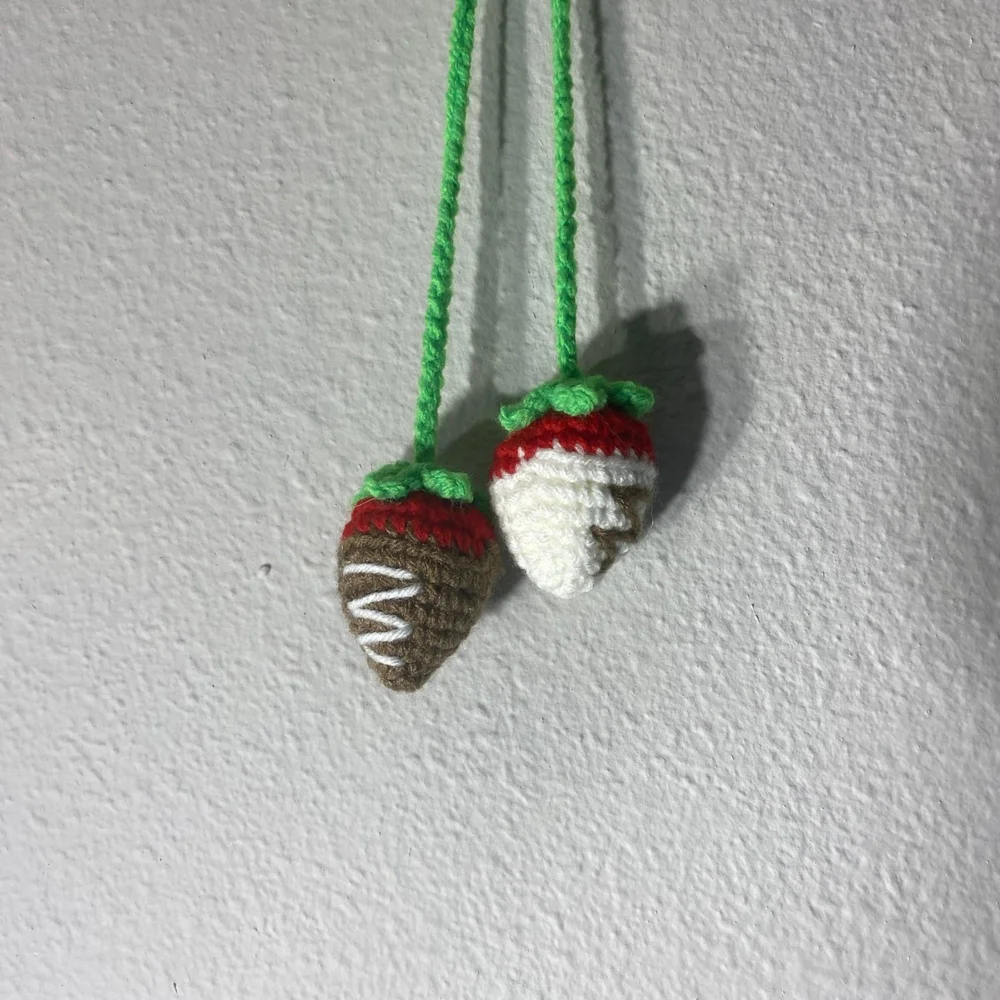 Charming Crochet Strawberry Car Decore - Red, White, and Brown